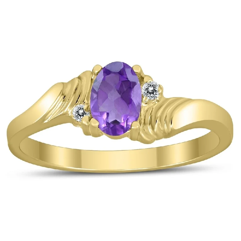 6X4MM Amethyst and Diamond Wave Ring in 10K Yellow Gold