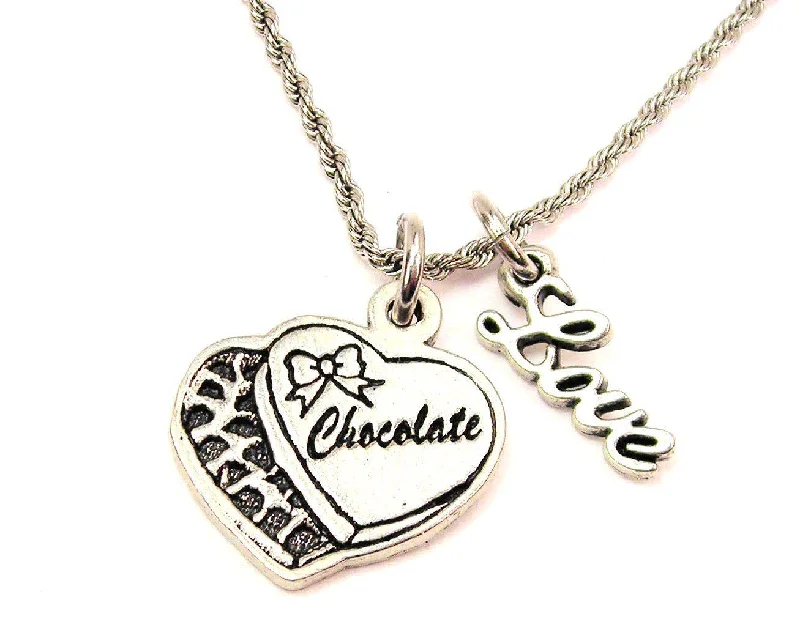 chunky necklaces for women -Box Of Chocolates With Bow 20" Chain Necklace With Cursive Love Accent