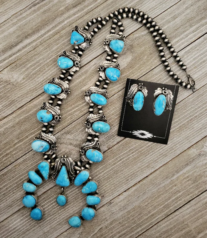 women's silver necklaces -Stamped Sterling Silver Turquoise Naja Necklace & Earring Set