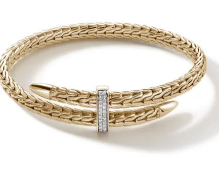 trendy bracelets for women -Spear 14K Gold 0.24cttw Diamond Pave Bypass Flex Cuff Sz M by John Hardy