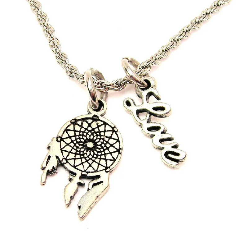 layered necklaces for women -Spiral Dream Catcher 20" Chain Necklace With Cursive Love Accent