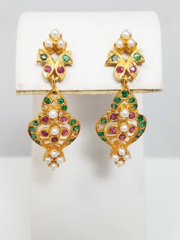 luxury wedding rings -vintage drop earrings -Ornate 22k Yellow Gold Emerald Ruby Dangle Earrings