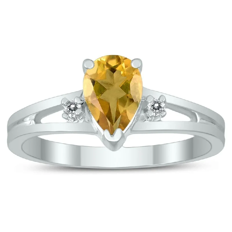 7X5MM Citrine and Diamond Pear Shaped Open Three Stone Ring in 10K White Gold