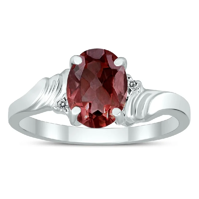 8X6MM Garnet and Diamond Wave Ring in 10K White Gold