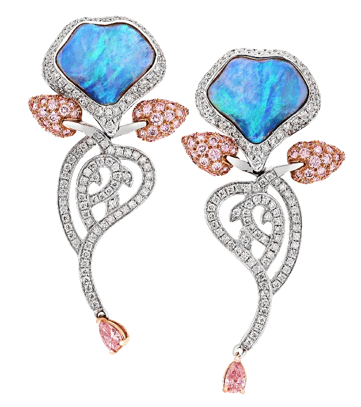 colorful gemstone rings -cute earrings for women -Opal and Pink Diamond Floral Earrings