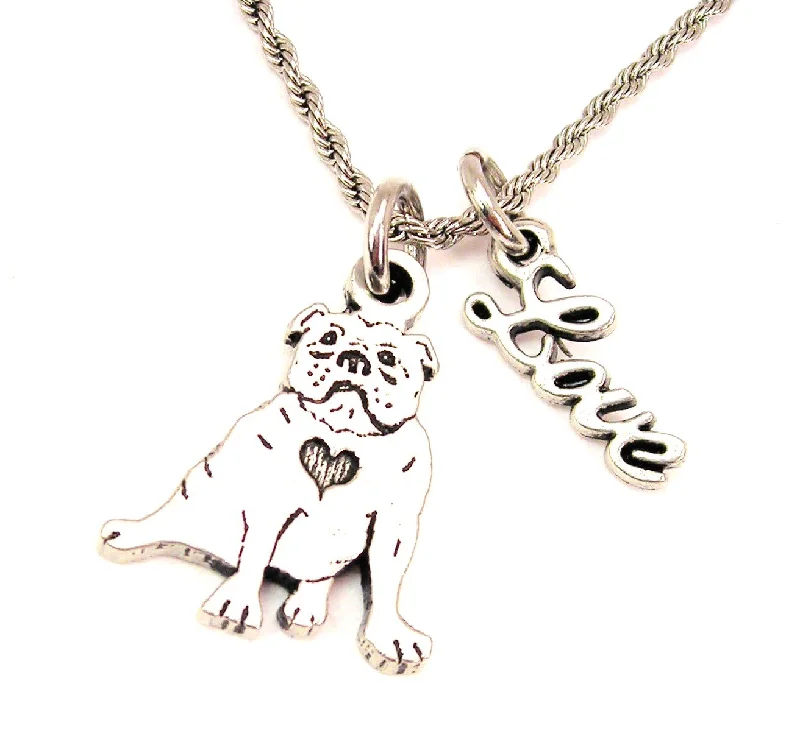 men's style necklaces for women -Sitting Bulldog With Heart 20" Chain Necklace With Cursive Love Accent