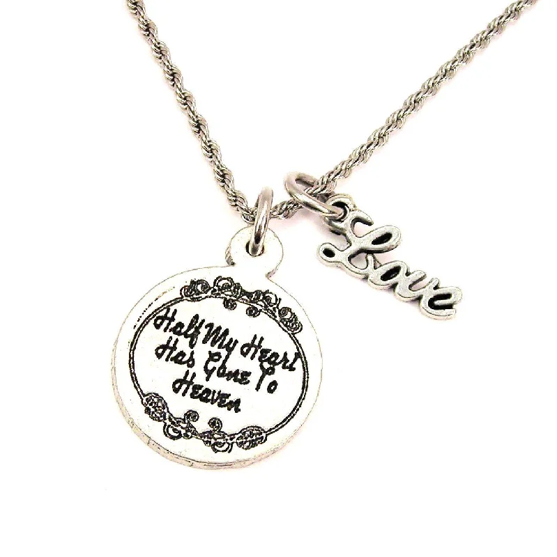 gemstone drop necklaces -Half My Heart Has Gone To Heaven 20" Chain Necklace With Cursive Love Accent