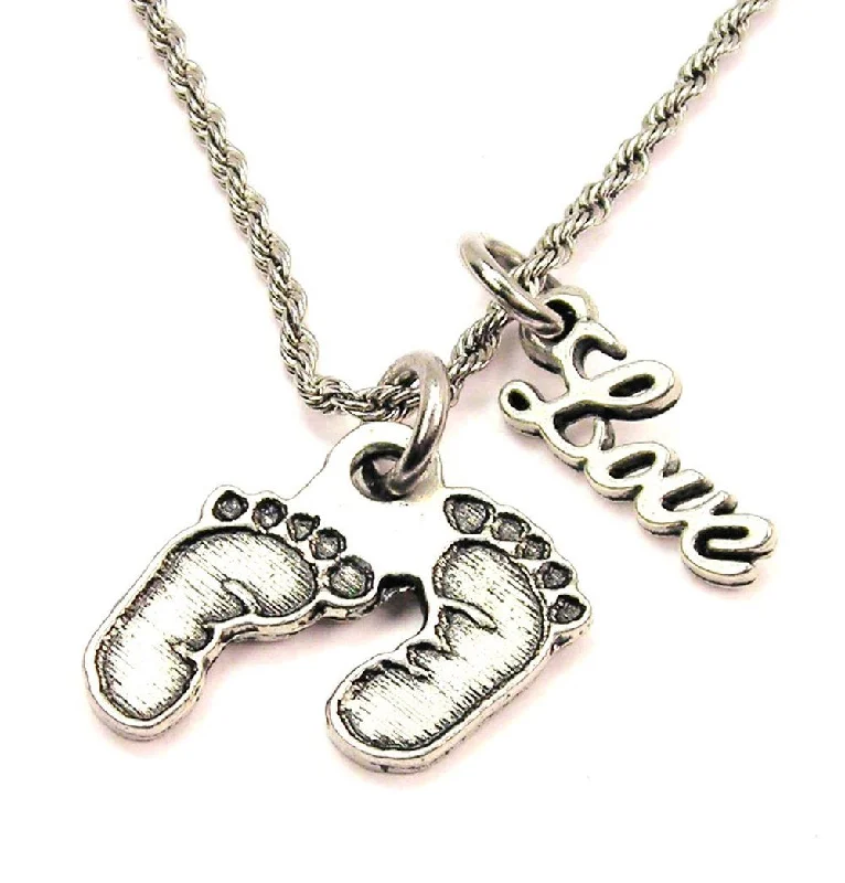 simple necklaces for women -Baby Footprints 20" Chain Necklace With Cursive Love Accent