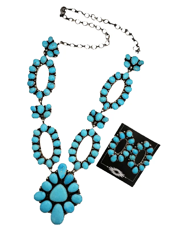 fashion choker necklaces -Stamped Sterling Silver Turquoise Cluster Necklace & Earring Set