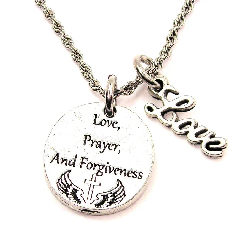 anniversary necklaces for women -Love, Prayer, And Forgiveness 20" Chain Necklace With Cursive Love Accent