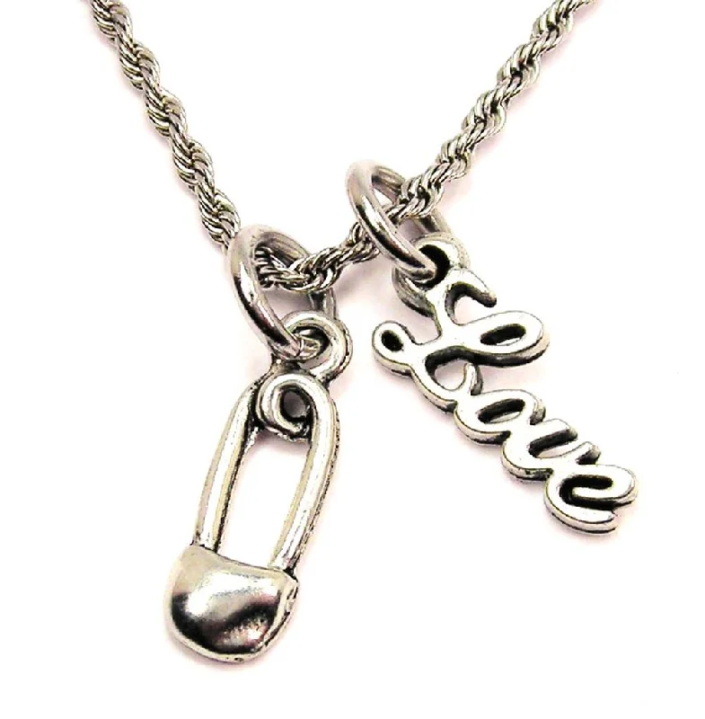 charm necklaces for women -Safety Pin 20" Chain Necklace With Cursive Love Accent