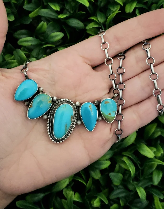 fashion statement necklaces for women -Stamped Sterling Silver 5 Stone Turquoise Necklace