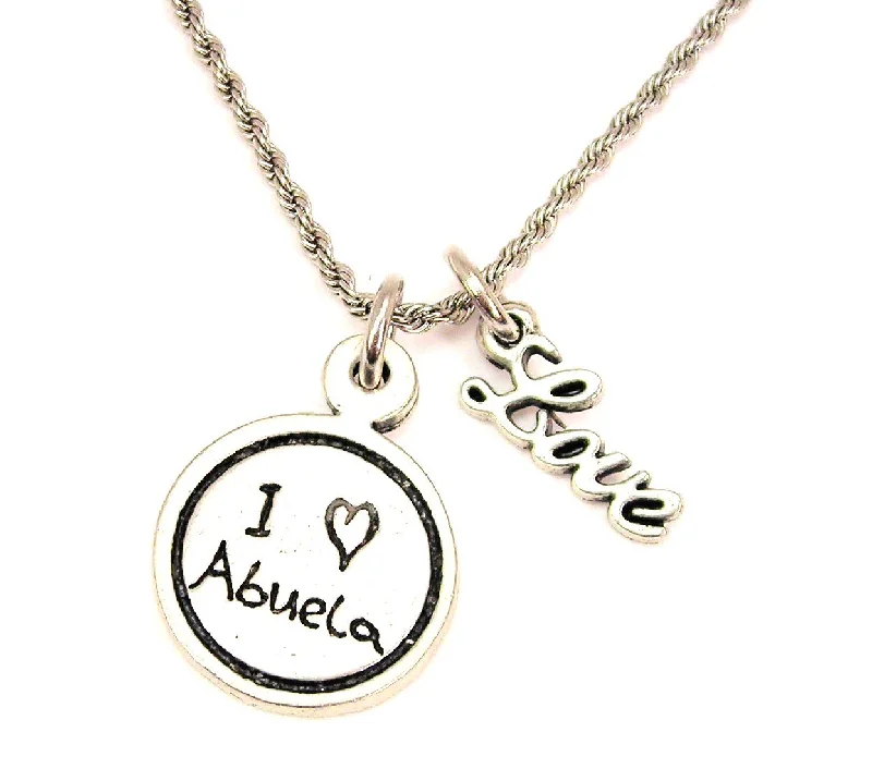 silver bar necklaces for women -I Love Abuela Child Handwriting 20" Chain Necklace With Cursive Love Accent