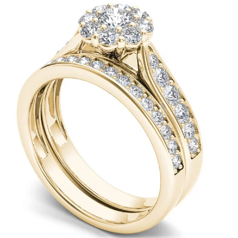 De Couer 14k Yellow Gold 1ct TDW Diamond Double Halo Bridal Ring Set