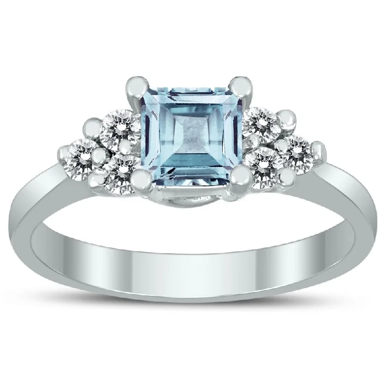 Princess Cut 5X5MM Aquamarine and Diamond Duchess Ring in 10K White Gold