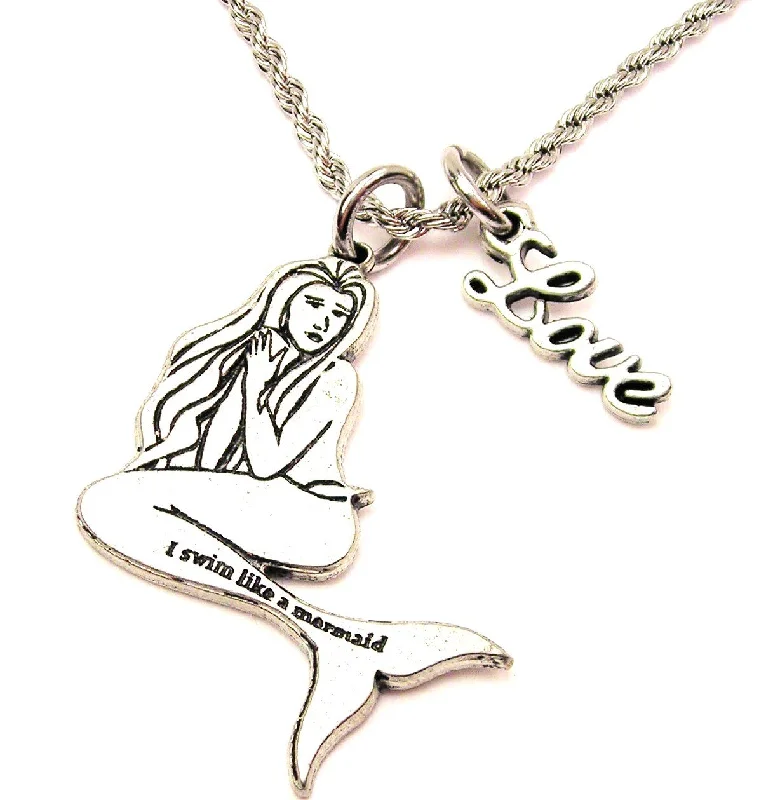 personalized heart necklaces -I Swim Like A Mermaid 20" Chain Necklace With Cursive Love Accent