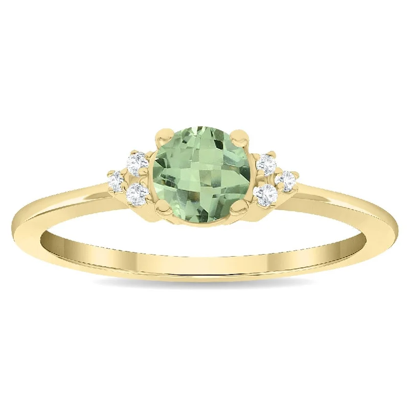 Women's Round Shaped Green Amethyst and Diamond Half Moon Ring in 10K Yellow Gold