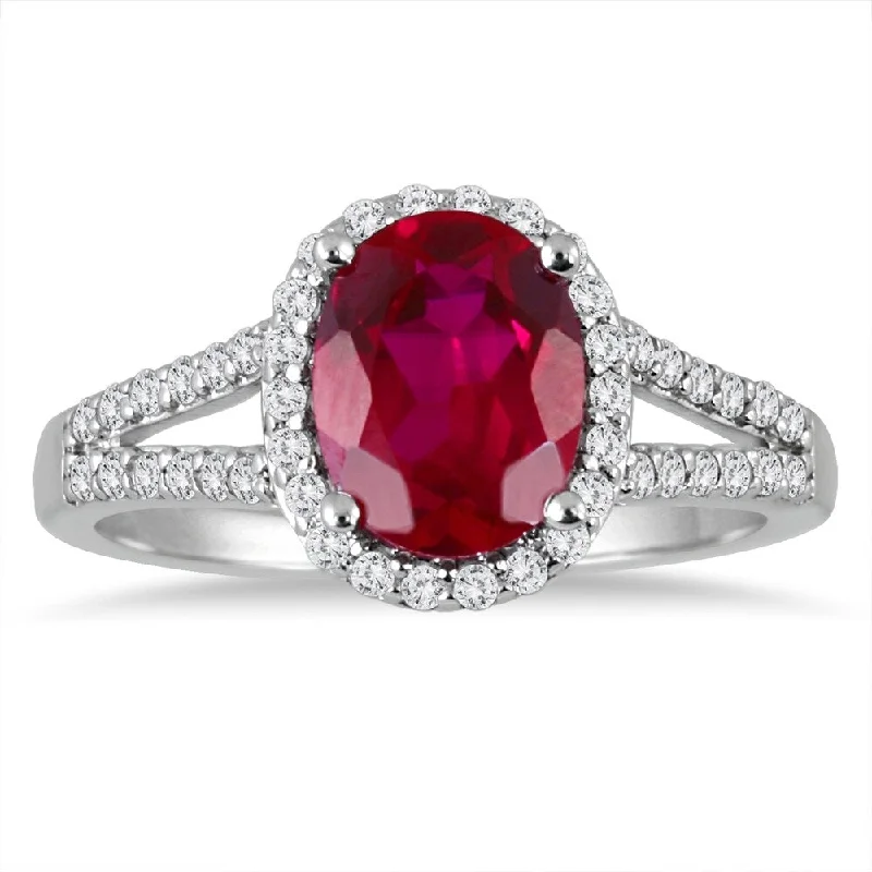 Split Shank Ruby and Diamond Halo Ring in 14K White Gold