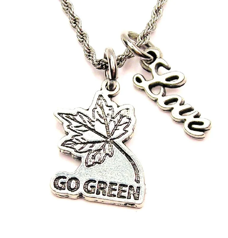 anniversary gift necklaces for women -Go Green With Leaf 20" Chain Necklace With Cursive Love Accent