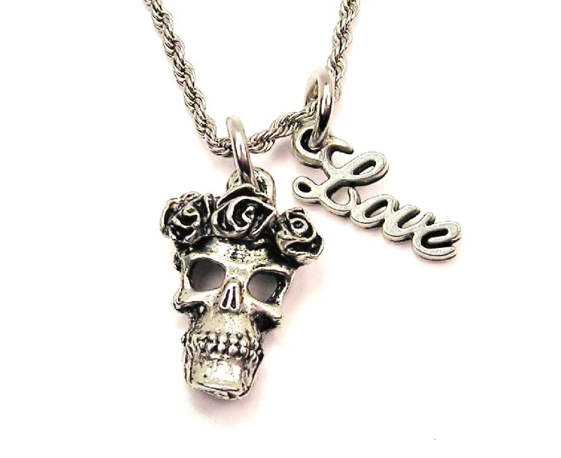 classic necklaces for women -Skull With Roses 20" Chain Necklace With Cursive Love Accent