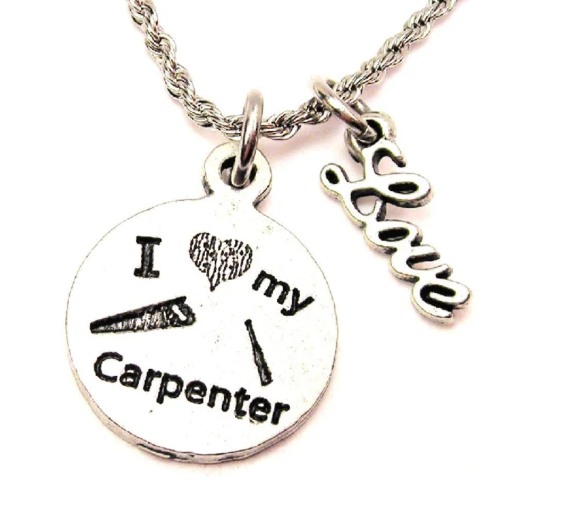 gold bar necklaces for women -I Love My Carpenter 20" Chain Necklace With Cursive Love Accent