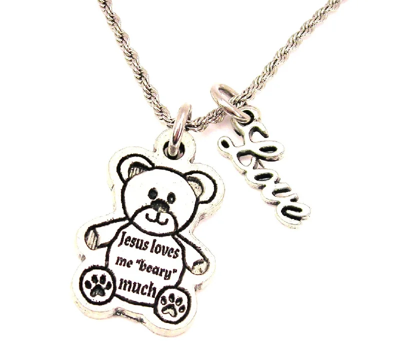 gold heart-shaped necklaces -Jesus Loves You Beary Much 20" Chain Necklace With Cursive Love Accent