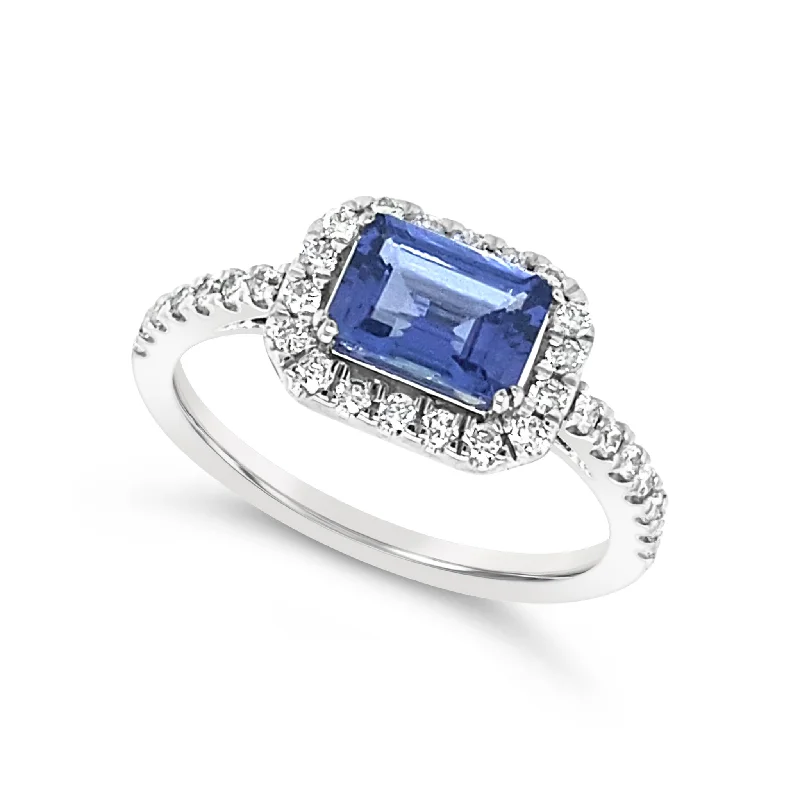 Cushion Tanzanite and Diamond Halo Ring