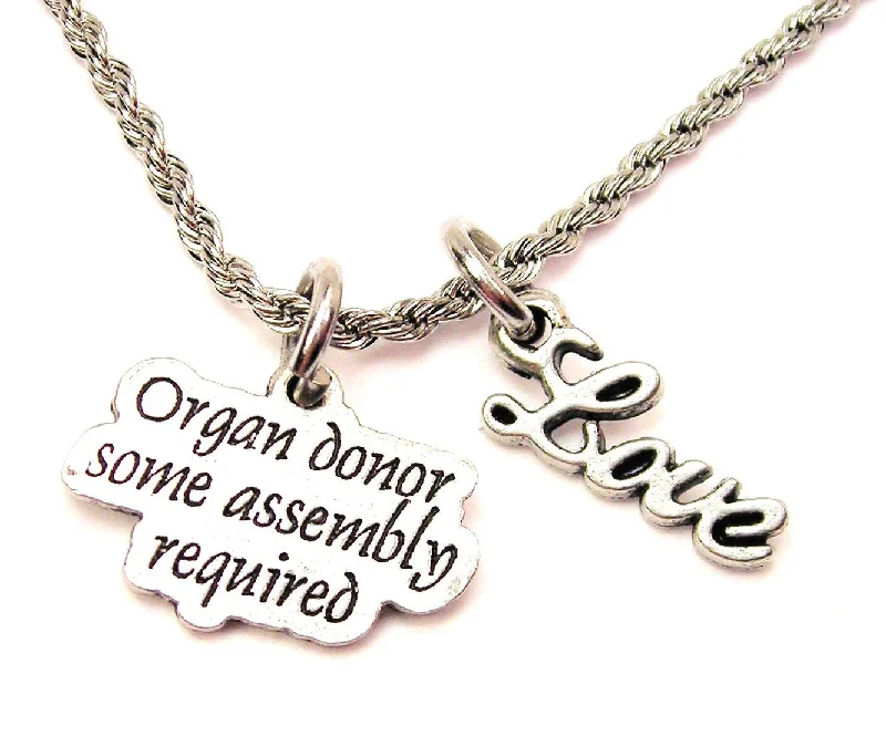 custom engraved necklaces -Organ Donor Some Assembly Required 20" Chain Necklace With Cursive Love Accent