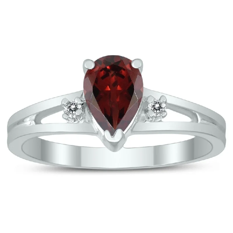 7X5MM Garnet and Diamond Pear Shaped Open Three Stone Ring in 10K White Gold