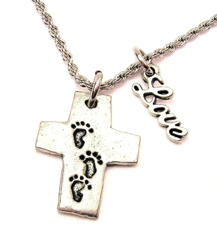 handmade necklaces for women -Footprint Cross 20" Chain Necklace With Cursive Love Accent