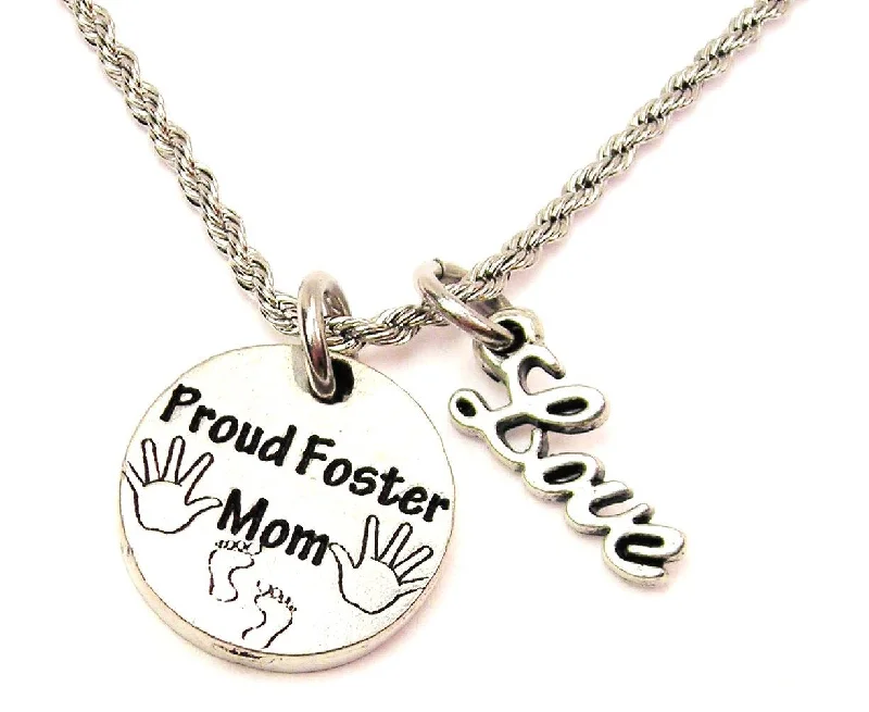 trendy pendant necklaces for women -Proud Foster Mom 20" Chain Necklace With Cursive Love Accent