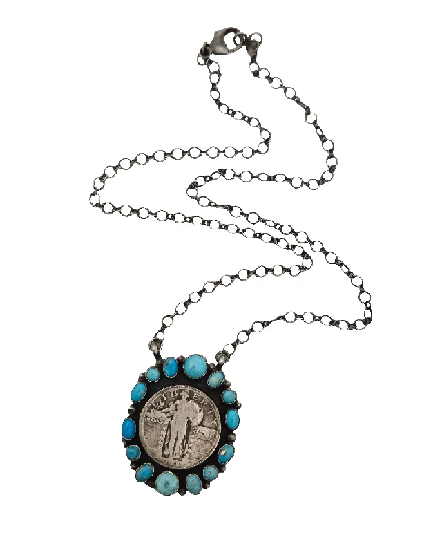 diamond necklaces for women -Stamped Sterling Silver Turquoise Standing Liberty Quarter Coin Necklace