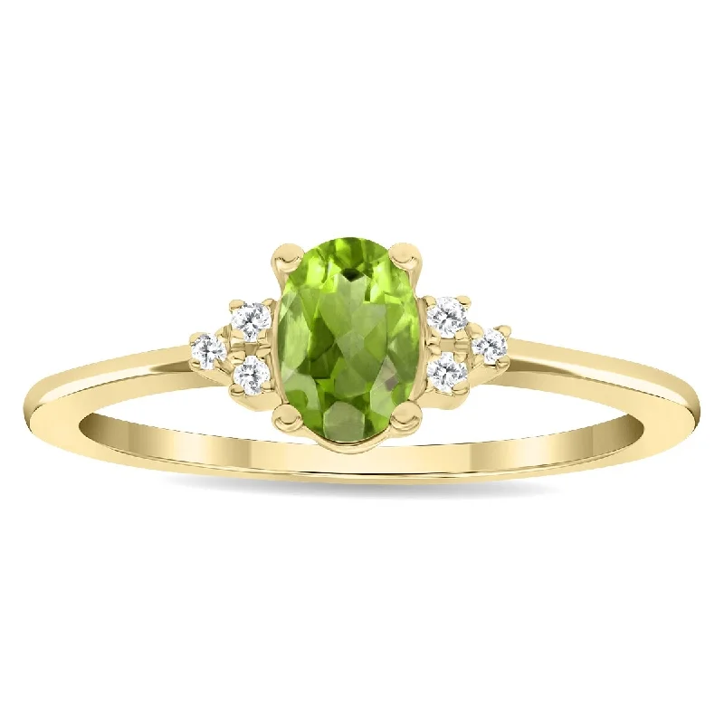 Women's Oval Shaped Peridot and Diamond Half Moon Ring in 10K Yellow Gold