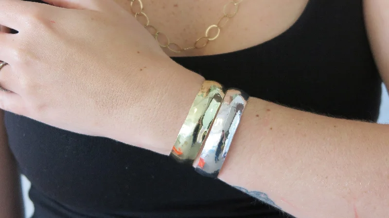 custom silver bangles -Thin Silver & Gold Hammered Cuff Set