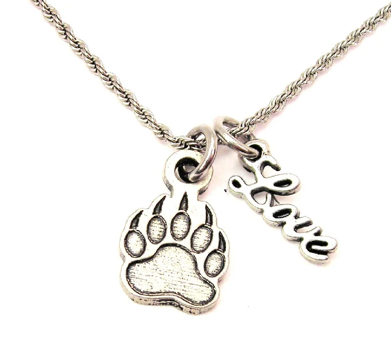 handmade pendant necklaces -Paw With Claws 20" Chain Necklace With Cursive Love Accent