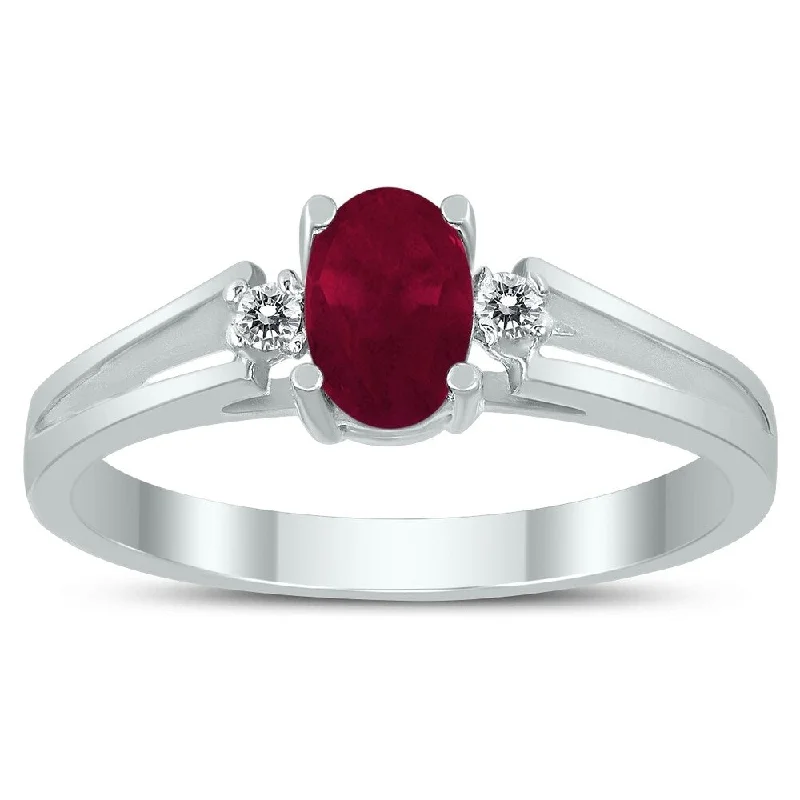 6X4MM Ruby and Diamond Open Three Stone Ring in 10K White Gold