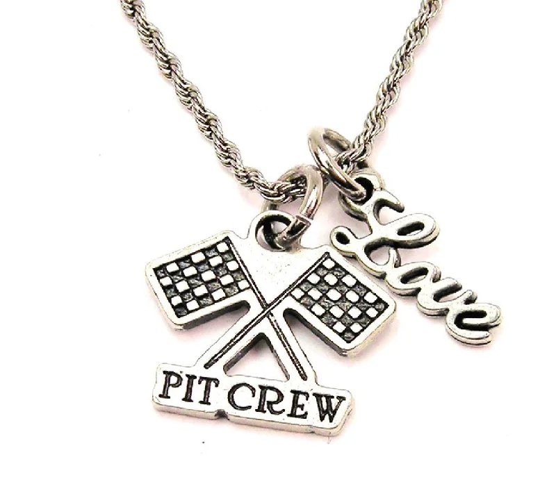 birthstone pendant necklaces -Pit Crew With Flags 20" Chain Necklace With Cursive Love Accent