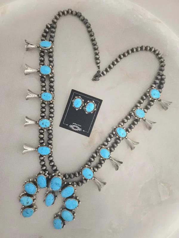 fashion statement necklaces for women -Stamped Sterling Silver Turquoise Navajo Pearl Squash Blossom Necklace & Earring Set