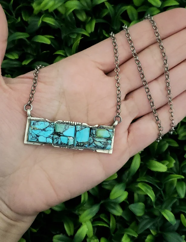 turquoise necklaces for women -Stamped Sterling Silver Turquoise Bar Necklace