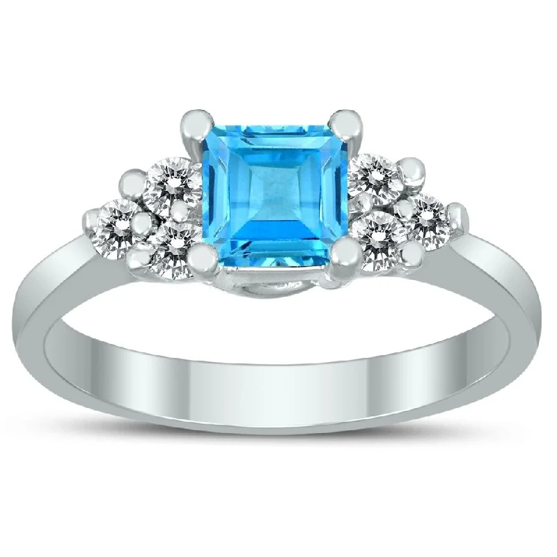 Princess Cut 5X5MM Blue Topaz and Diamond Duchess Ring in 10K White Gold