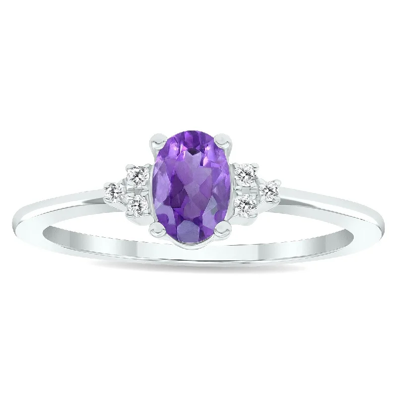 Women's Amethyst and Diamond Half Moon Ring in 10K White Gold