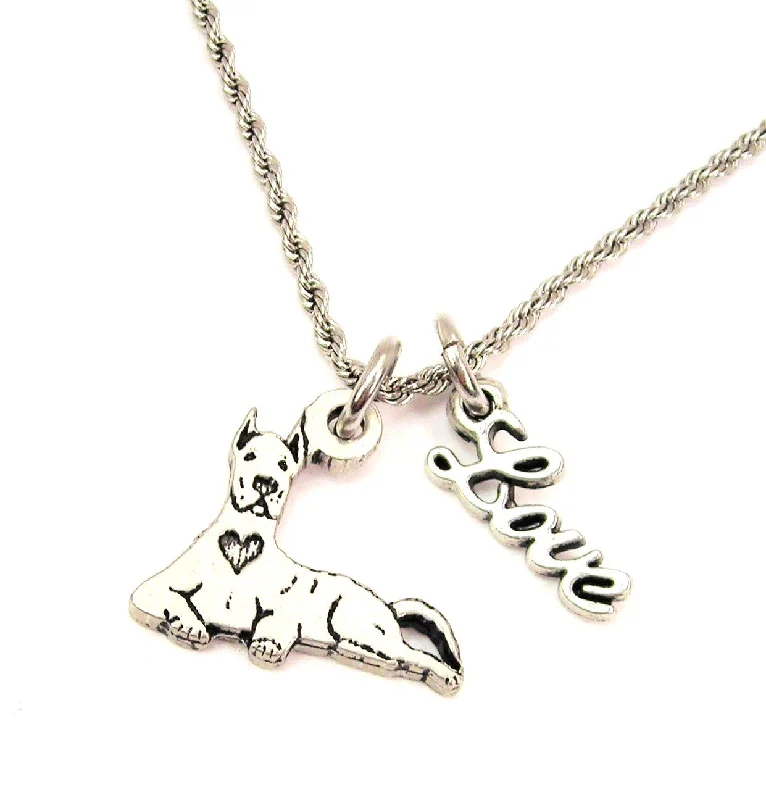 luxury gold necklaces for women -Sitting Great Dane With Heart 20" Chain Necklace With Cursive Love Accent