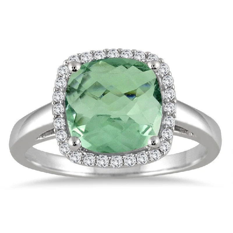 2.90 Carat Cushion Cut Green Amethyst and Diamond Halo Ring in 10K White Gold