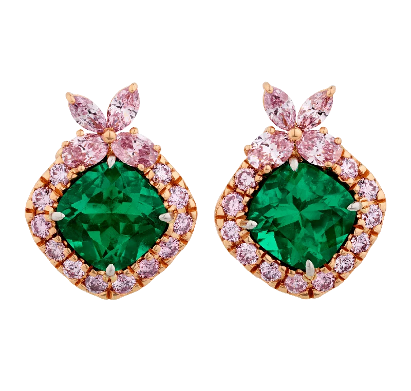 art deco rings for women -birthday gift earrings for women -Muzo Emerald and Argyle Diamond "Azalea" Earrings, 3.30 Carats