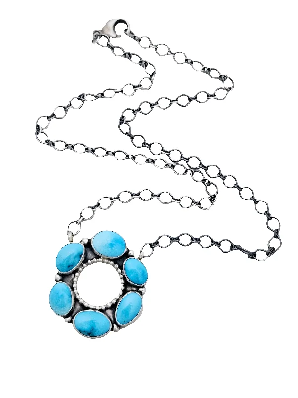 women's silver necklaces -Stamped Sterling Silver Sleeping Beauty Turquoise 6 Stone Round Necklace