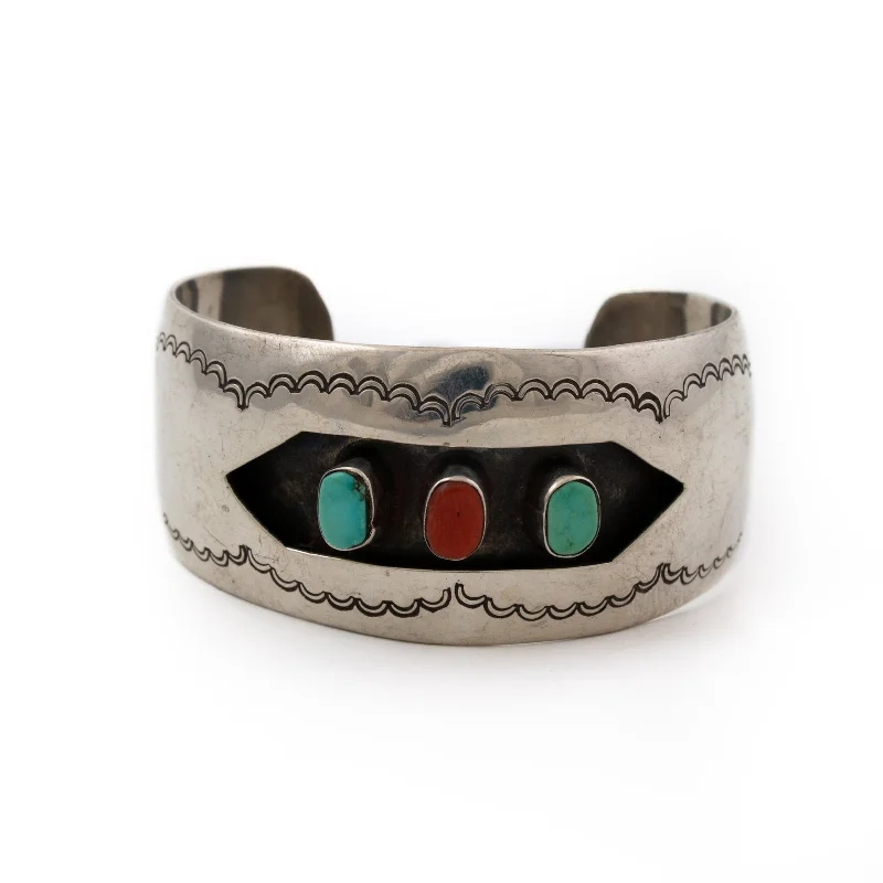 diamond tennis bangles -Solid 1980's Red Coral & Turquoise Shadowbox Navajo Cuff