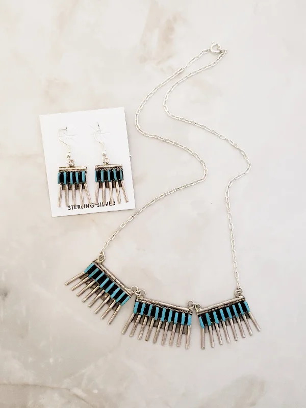 sterling silver necklaces for women -Stamped Sterling Silver Zuni Turquoise Necklace & Earring Set