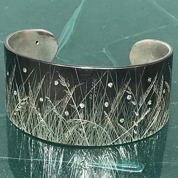 elegant tennis bangles -Oxidized Fine Silver Meadow Grass Cuff with 16 diamond fireflies