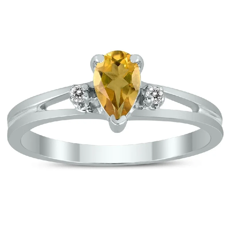 6X4MM Citrine and Diamond Pear Shaped Open Three Stone Ring in 10K White Gold