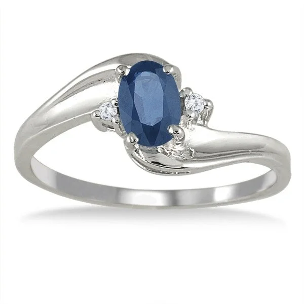 Sapphire Gemstone and Diamond Wave Ring 14k White Gold